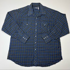 Vintage USA Wrangler Western 2XL Pearl Snap Cowboy Shirt - Blue Black Plaid 🇺🇸
